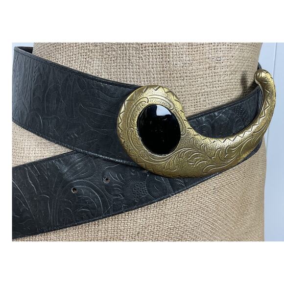 MZ Accesories of New York Y2K Black Embossed Leather and Metal Belt - Picture 2 of 6